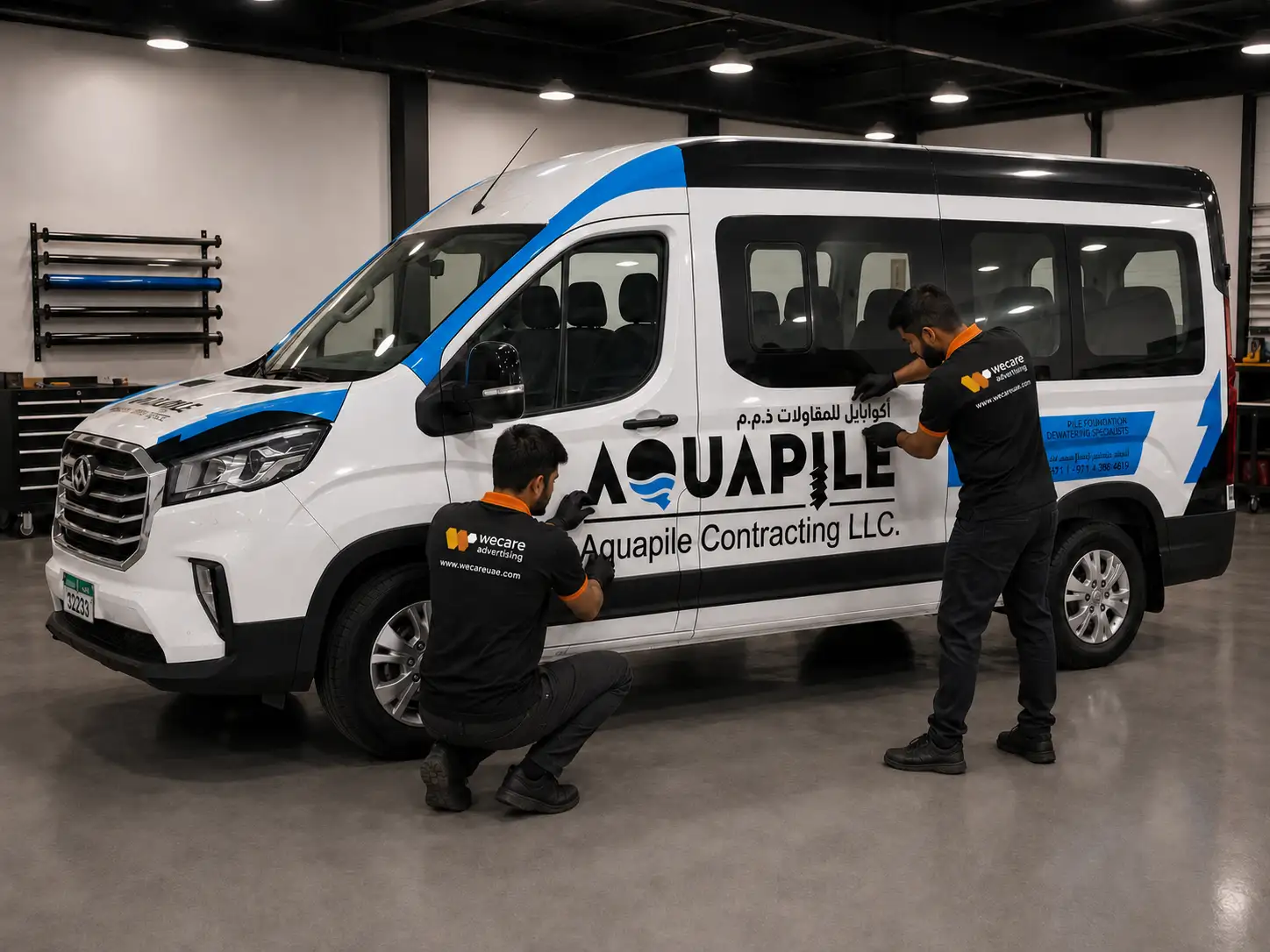 Vehicle branding sticker installation on a commercial van in Dubai