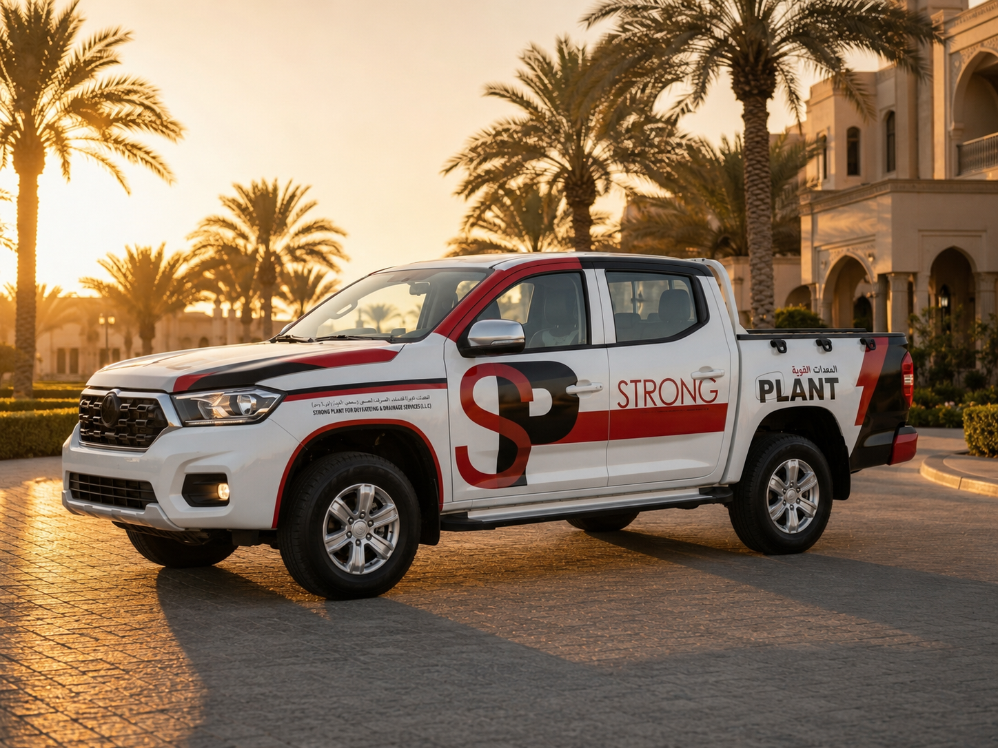Pickup truck branding in Dubai with printed vinyl stickers and cabin door graphics