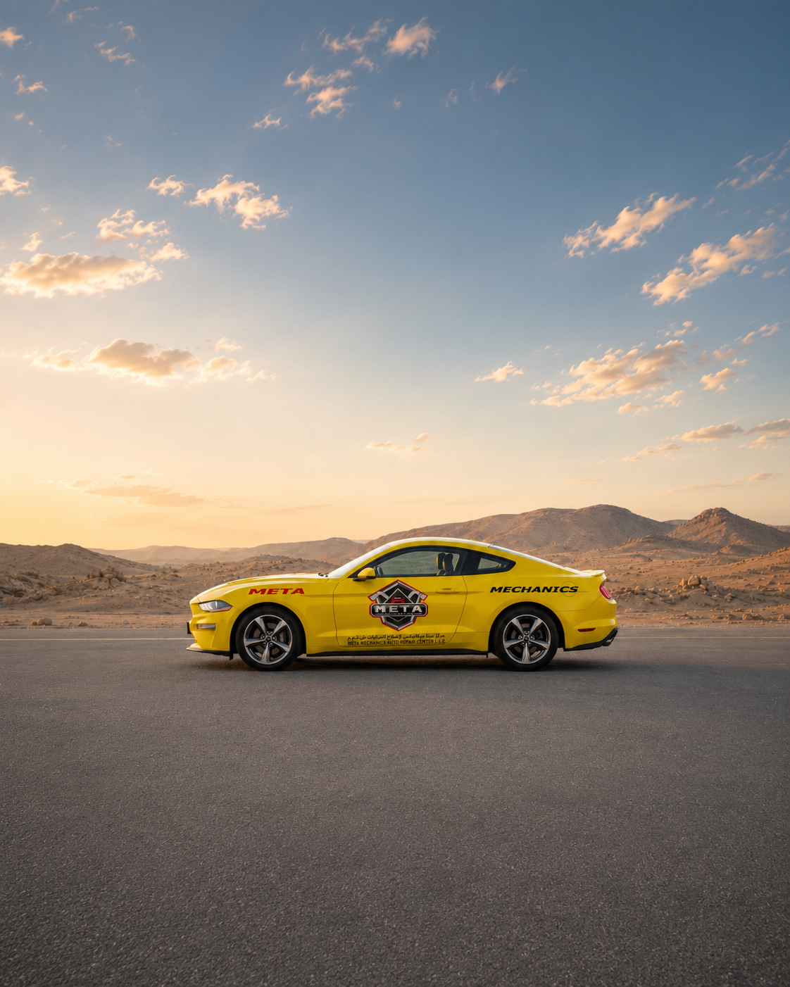 Wecare vehicle branding — branded Meta Mechanics car in the UAE desert