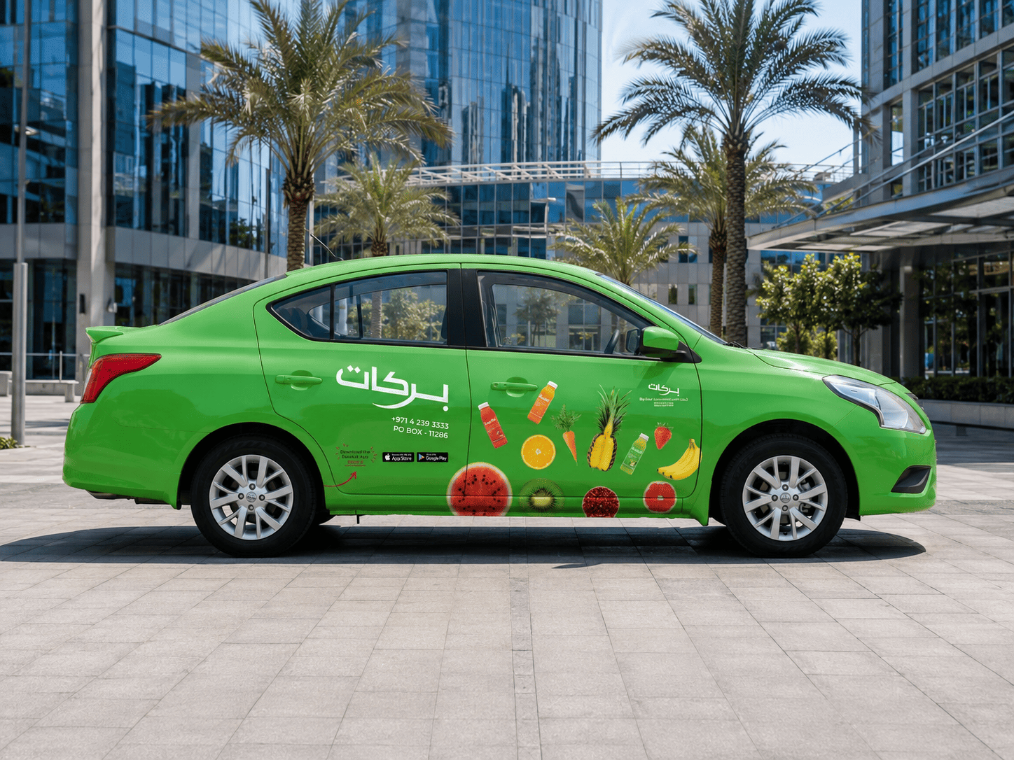 Sedan after custom vehicle branding and car wrap installation in Dubai
