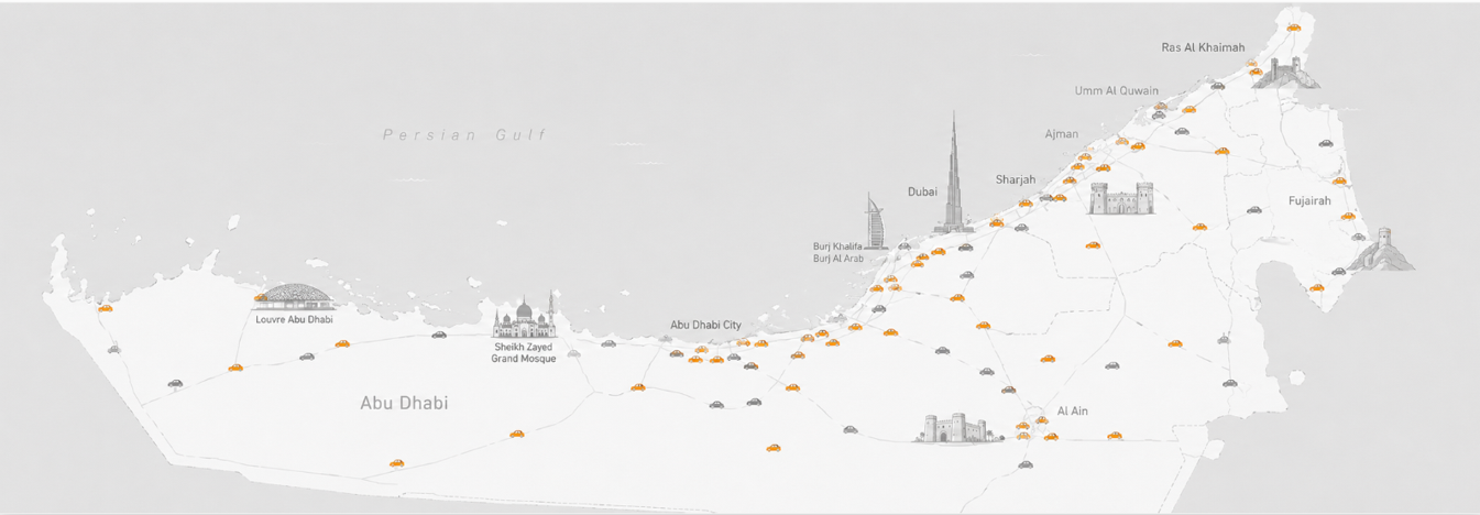 Map of the UAE showing Wecare-branded vehicles across all seven emirates